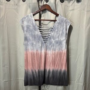 American Eagle Outfitters Tie-Dye Strappy Muscle Tee - Pink and Gray